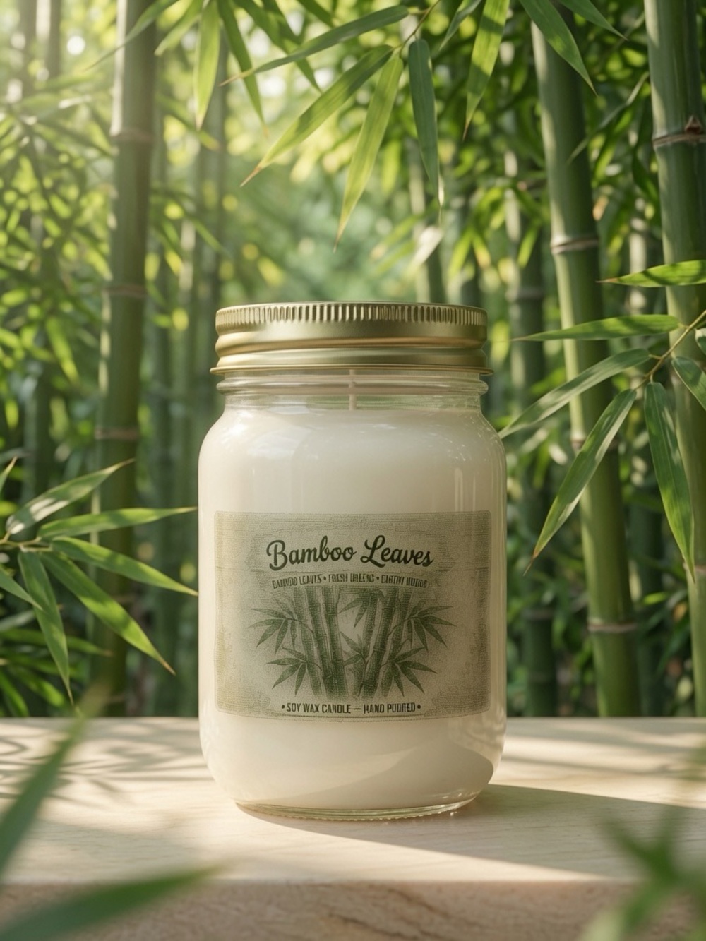 16oz Bamboo Leaves Soy Candle | Fresh Green Earthy Woods - Mason Jar